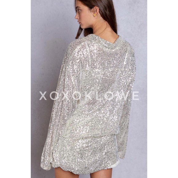 POL Silver Sequin Button Down Shirt Oversized Sparkle - Picture 5 of 13